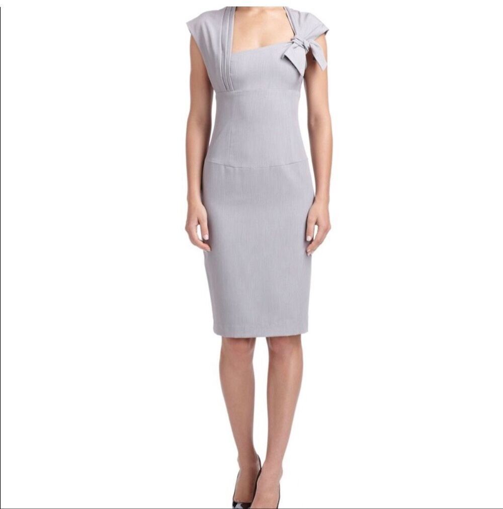 Black Halo DeVries Gray Asymmetrical Bow Sheath Cocktail Dress Size 6